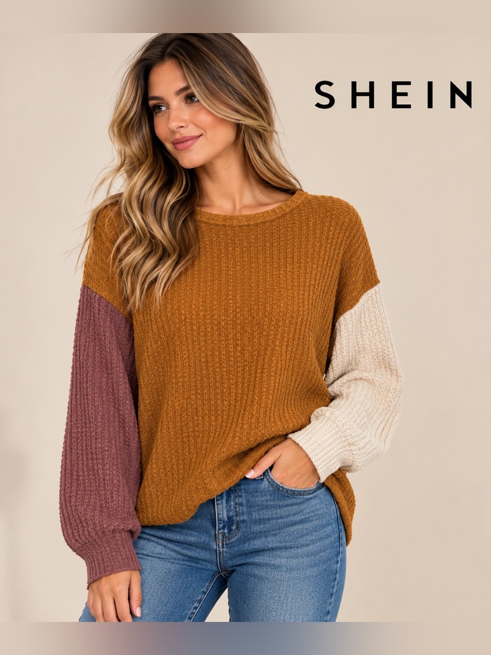 SHEIN Color Block Waffle Knit Pullover Sweater Orange Size L